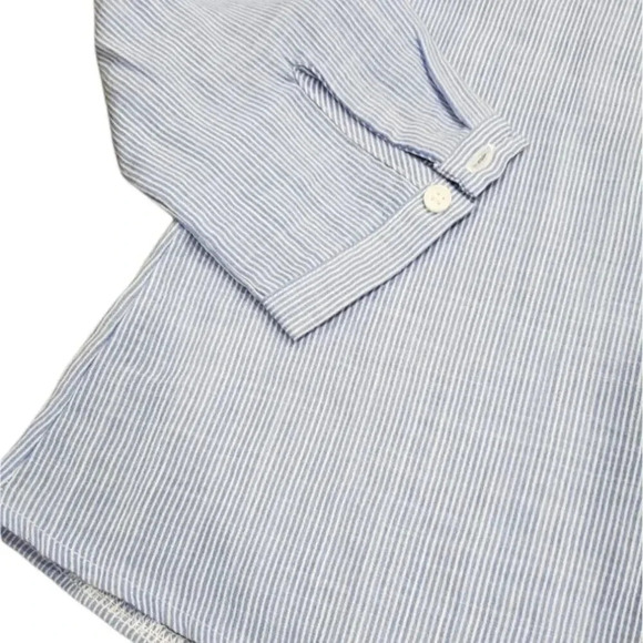 La P'tite Etoile Paris Blue Linen Railroad Stripe Ruffle Blouse 2 - Picture 2 of 5